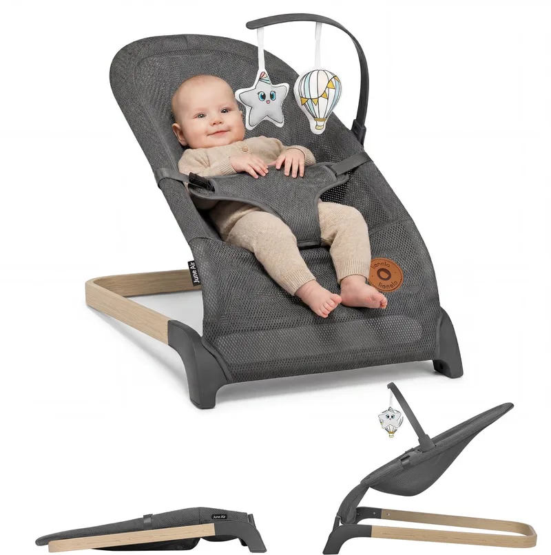 June Wipstoel Baby – tot 9 kg – 3-punts veiligheidsgordels – Lichtgewicht – Mesh Bekleding – Plat Opvouwbaar – Natuurlijke Schommelbeweging – Gecertificeerd – Babyschommel & Wipstoeltje van Lionelo in Grijs Air – productfoto