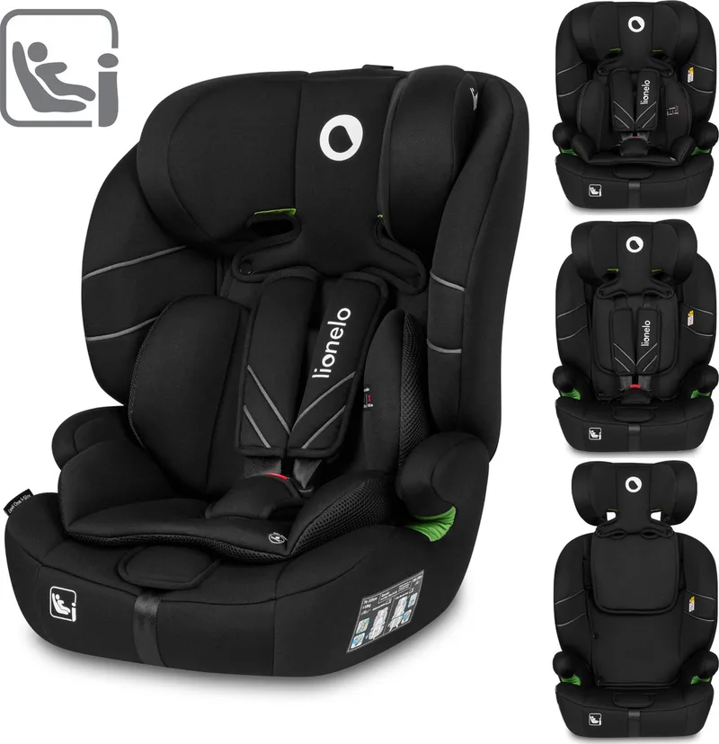 Levi - Autostoel - vanaf 1,5 tot 12 jaar (76-150 cm / 9-36 kg / Groep 1/2/3) - Comfortabele Brede Zitting - Memory Foam - 10-standen Hoofdsteun - i-Size Autostoeltje van Lionelo in Zwart – productfoto