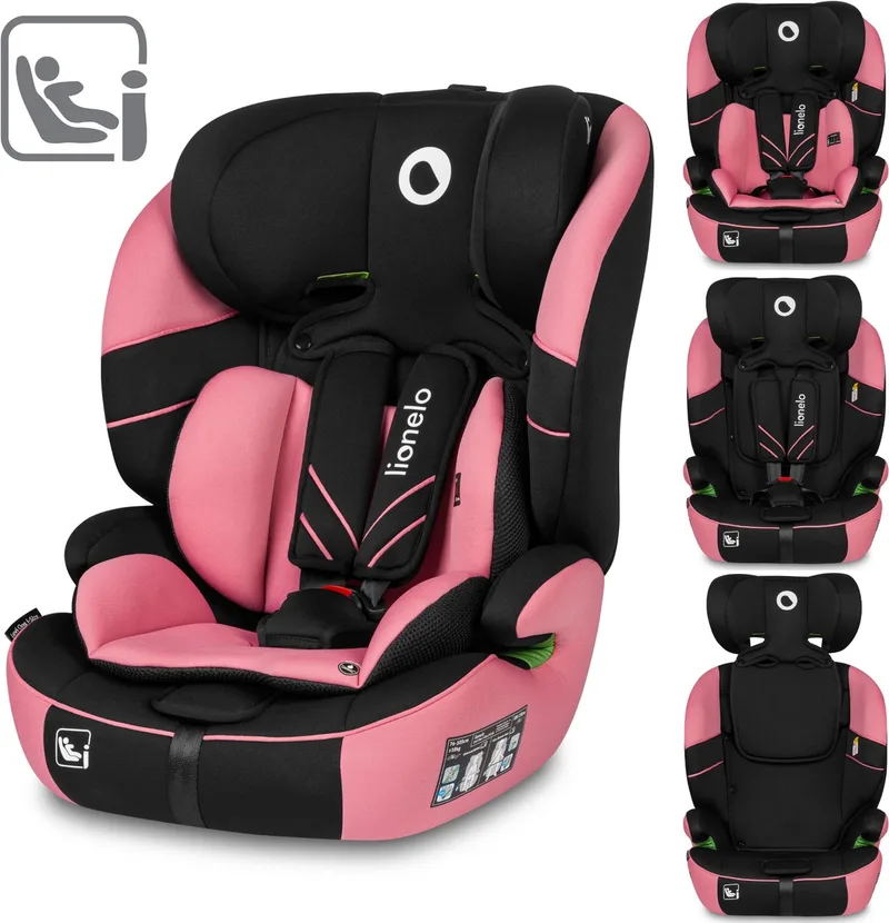 Levi One i-Size - Autostoeltje 76-150 cm - Groep 0+ en 1 - Dri-Seat systeem - Afstelbare hoofdsteun van Memory Foam - Versterkte zijbescherming - FWF montage - Comfortabele armleuningen - Brede zitting met EPE-schuim - R129 - Gordel van Lionelo in Roze – productfoto