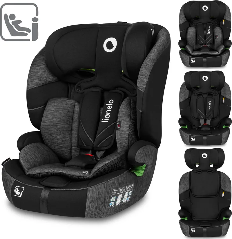 Levi One i-Size - Autostoeltje 76-150 cm - Groep 0+ en 1 - Dri-Seat systeem - Afstelbare hoofdsteun van Memory Foam - Versterkte zijbescherming - FWF montage - Comfortabele armleuningen - Brede zitting met EPE-schuim - R129 - Gordel de Lionelo en Zwart – photo produit