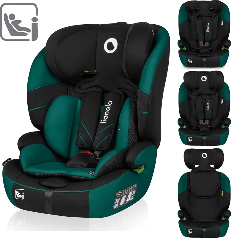 Levi One i-Size - Autostoeltje 76-150 cm - Groep 0+ en 1 - Dri-Seat systeem - Afstelbare hoofdsteun van Memory Foam - Versterkte zijbescherming - FWF montage - Comfortabele armleuningen - Brede zitting met EPE-schuim - R129 - Gordel van Lionelo in Groen – productfoto