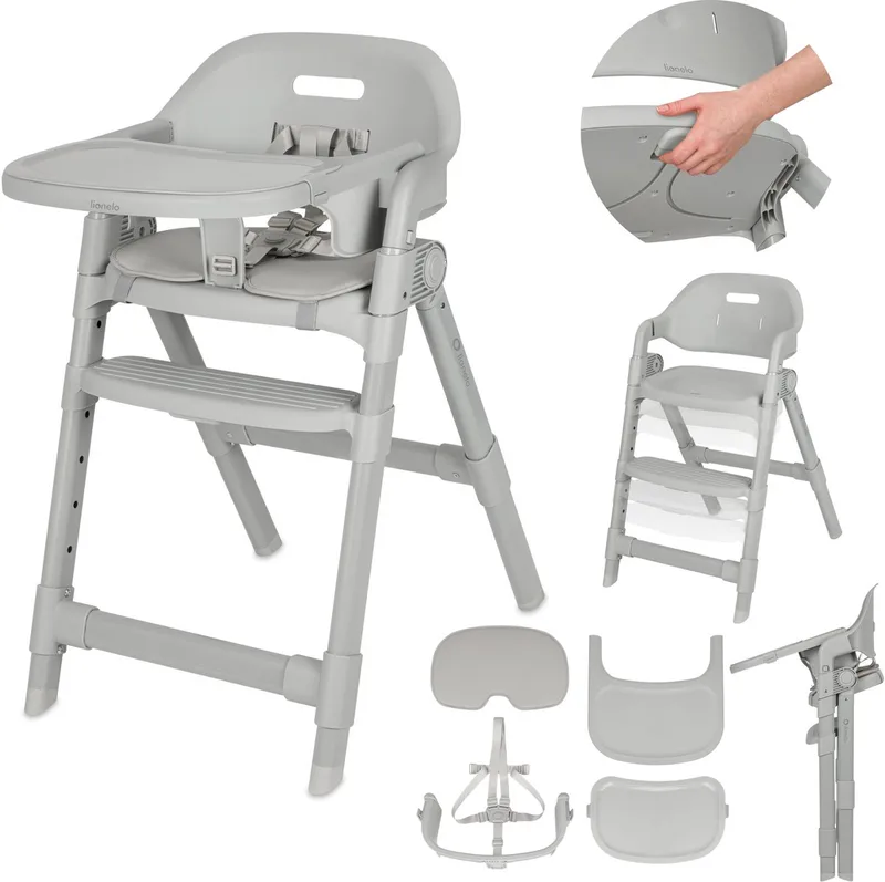 Matt 3in1 Kinderstoel - Meegroeiende Kinderstoel van 6 Maanden tot 110 kg - Opvouwbaar - Verstelbare Zitting & Voetensteun - 5-Puntsgordel - Afneembare Tray - Compact Design - Kinderstoel voor Baby, Kind & Volwassene by Lionelo in Grijs – product photo