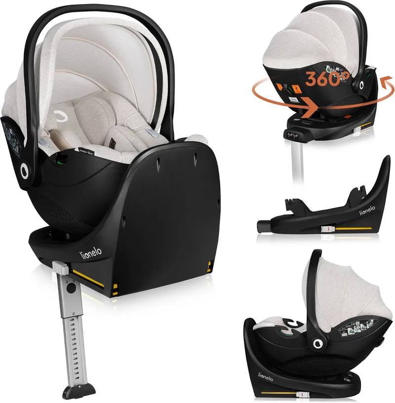 Moxie i-Size Set – Autostoeltje met draaibare ISOFIX-basis – Autostoel RWF vanaf geboorte – Bamboe stof – 360° rotatie – Magnetische gordelhaakjes – Dri-Seat – Hoofdsteun met memory foam – 4,3 kg – Ademend & wasbaar by Lionelo in Beige – product photo