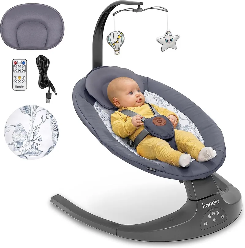 Ralf - Babyschommel Premium - 2in1 - 5 automatische schommelsnelheden - 0 tot 9kg de Lionelo en Grijs – photo produit