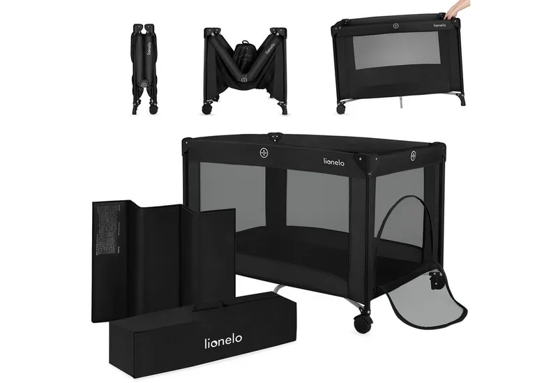 Reisebett AMELIE (Set, Reisebett / 2-cm-Matratze / Tragetasche) Kompakt/leicht/2cmMatratze/Seiteneingang/Netzseiten by Lionelo in Schwarz – product photo