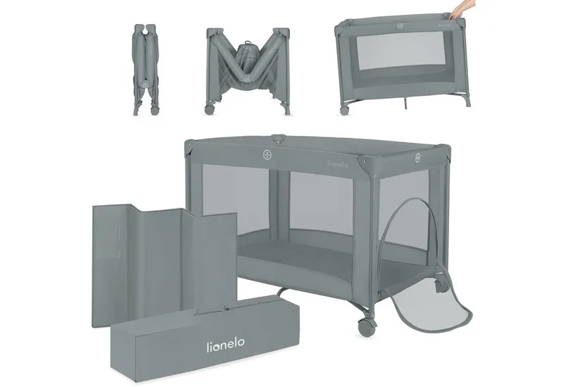 Reisebett AMELIE (Set, Reisebett / 2-cm-Matratze / Tragetasche) Kompakt/leicht/2cmMatratze/Seiteneingang/Netzseiten by Lionelo in Grau – product photo