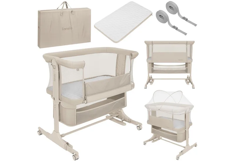 Reisebett JODIE (Set, 3-in-1-Bettchen: Beistellbett, freistehend und Wiege) 3-in-1/6 Höhenstufen/Wiegefunktion/4 Rollen mit Bremse by Lionelo in Beige – product photo