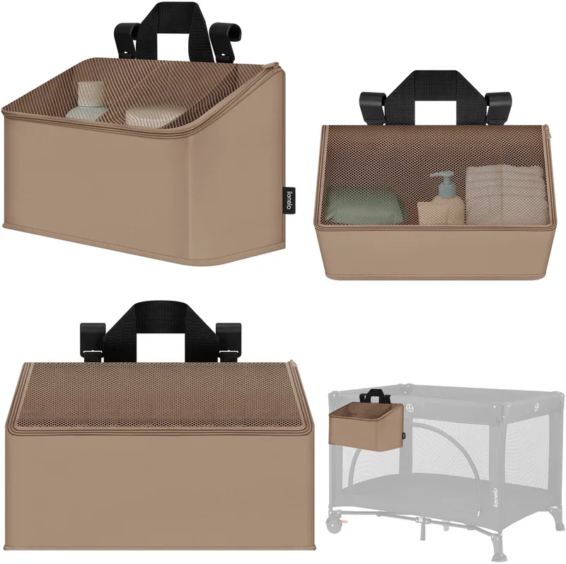 Sidepocket Medium – Bedside Pocket Wiegorganizer 43×15×23 cm – 3 ritsvakken & handvat – Voor reisbed, co-sleeper & box – Verstevigd, multifunctioneel & afneembaar by Lionelo in Beige – product photo