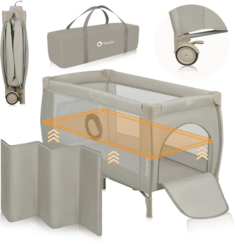 Stefi Plus - Campingbedje 2in1 - Meegroeibed - Reisbedje en box voor kinderen tot 15 kg - Zijrtis - Hoogwaardige schuimmatras - Snel opvouwbaar by Lionelo in Beige – product photo