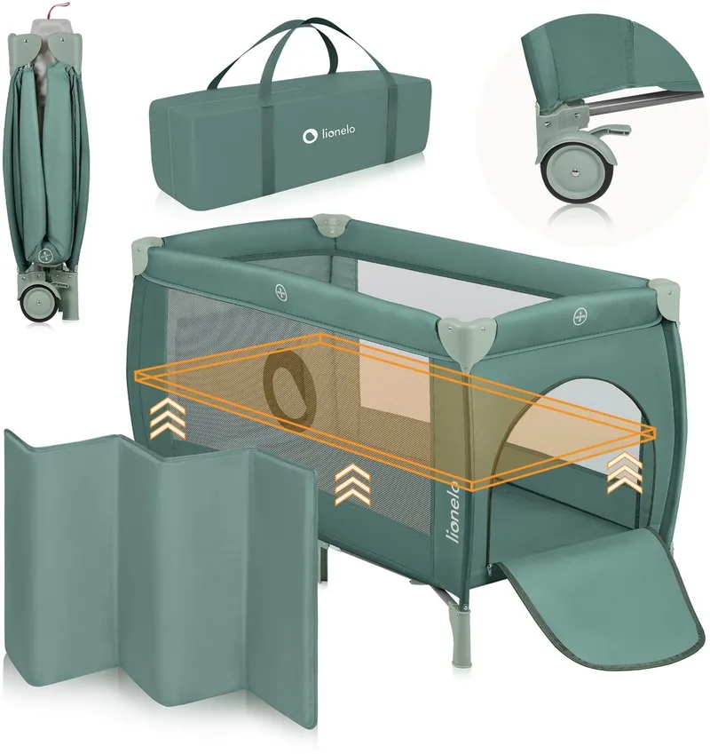 Stefi Plus - Campingbedje 2in1 - Meegroeibed - Reisbedje en box voor kinderen tot 15 kg - Zijrtis - Hoogwaardige schuimmatras - Snel opvouwbaar by Lionelo in Groen – product photo
