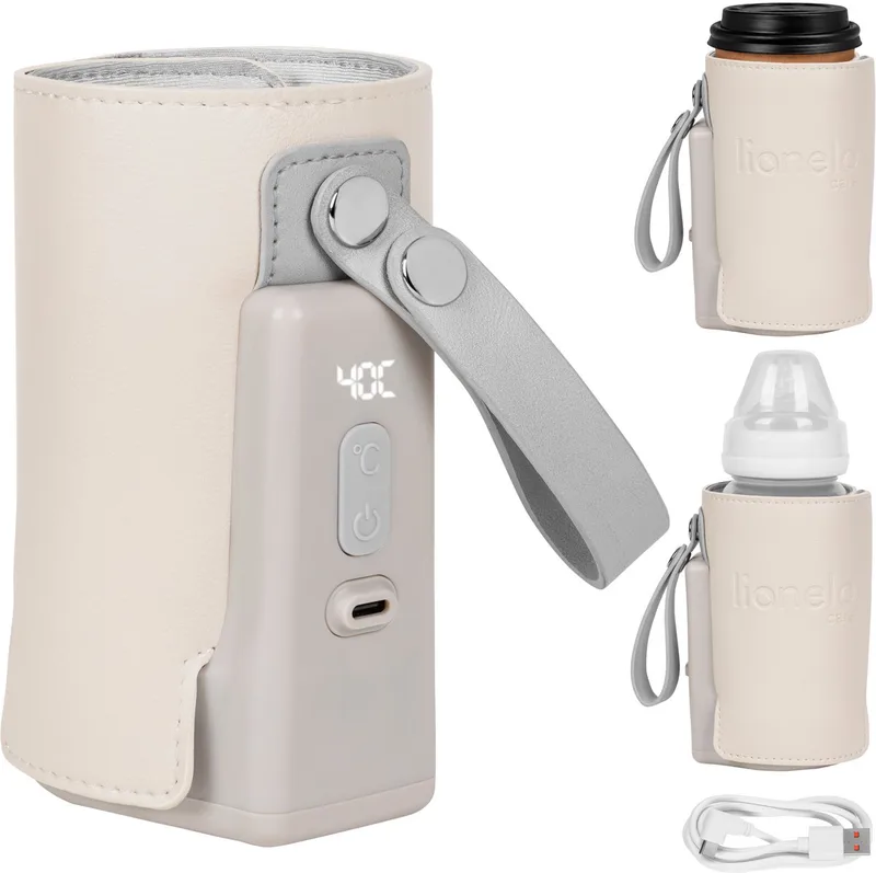Thermup Go Plus Draagbare Flessenwarmer – 3000 mAh Accu – Tot 8 Uur Draadloos Gebruik – 5 Temperatuurstanden 38-50°C – USB-C Oplaadbaar – Thermostaat tegen Oververhitting – Voor Flessen 52-70 mm – BPA Vrij de Lionelo en Beige – photo produit