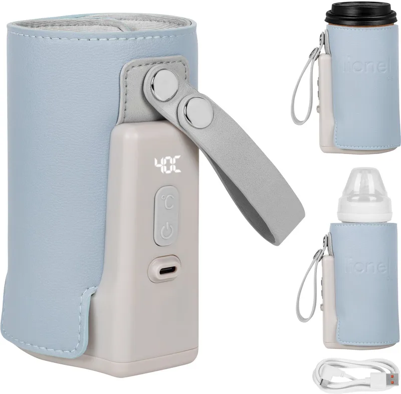 Thermup Go Plus Draagbare Flessenwarmer – 3000 mAh Accu – Tot 8 Uur Draadloos Gebruik – 5 Temperatuurstanden 38-50°C – USB-C Oplaadbaar – Thermostaat tegen Oververhitting – Voor Flessen 52-70 mm – BPA Vrij by Lionelo in Blauw – product photo