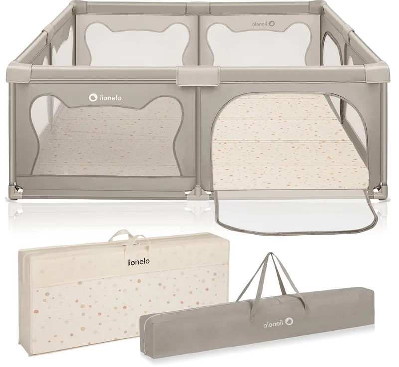 Willow Grondbox XL 187x207 cm + Foam Speelkleed 180×200 cm - voor Binnen & Buiten - Grote - Veilige - Antislip & Twee Zij-ingangen - Inclusief Draagtas - Baby Box + Speelkleed - 0 48 maanden van Lionelo in Beige – productfoto
