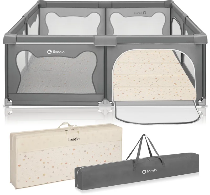 Willow Grondbox XL 187x207 cm + Foam Speelkleed 180×200 cm - voor Binnen & Buiten - Grote - Veilige - Antislip & Twee Zij-ingangen - Inclusief Draagtas - Baby Box + Speelkleed - 0 48 maanden van Lionelo in Grijs – productfoto