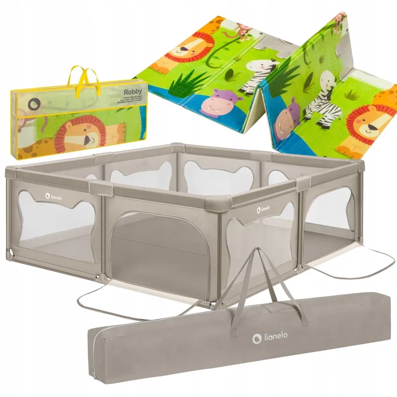 Willow Grondbox XL + Bijpassende Speelmat - 187x207 cm - voor Binnen & Buiten - Grote - Veilige - Antislip & Twee Zij-ingangen - Inclusief Draagtas - Baby Box + Speelkleed - 0 48 maanden by Lionelo in Beige – product photo