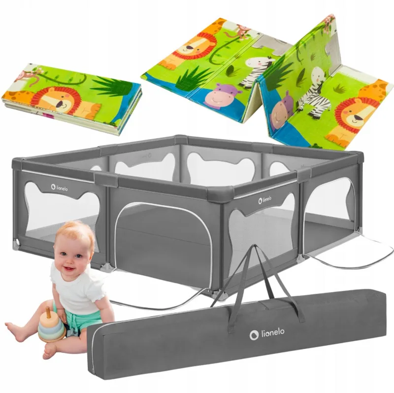 Willow Grondbox XL + Bijpassende Speelmat - 187x207 cm - voor Binnen & Buiten - Grote - Veilige - Antislip & Twee Zij-ingangen - Inclusief Draagtas - Baby Box + Speelkleed - 0 48 maanden van Lionelo in Grijs – productfoto