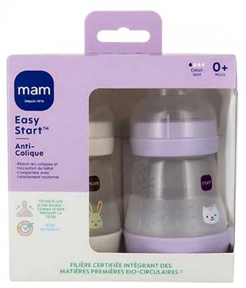 2 Zuigflessen Easy Start 160 ml 0+ Maanden Debiet 1 Langzaam (Kleur : Mauve Kat/Zand Konijn) by MAM in Mauve Kat – product photo