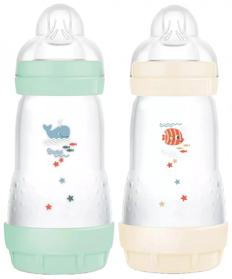 Set van 2 Babyflessen - MAM - Easy Start - Klassiek Anti-Koliek - 260 ml - Doorstroomsnelheid 2 spenen - Mint + Katoen van MAM in Mint + Katoen – productfoto