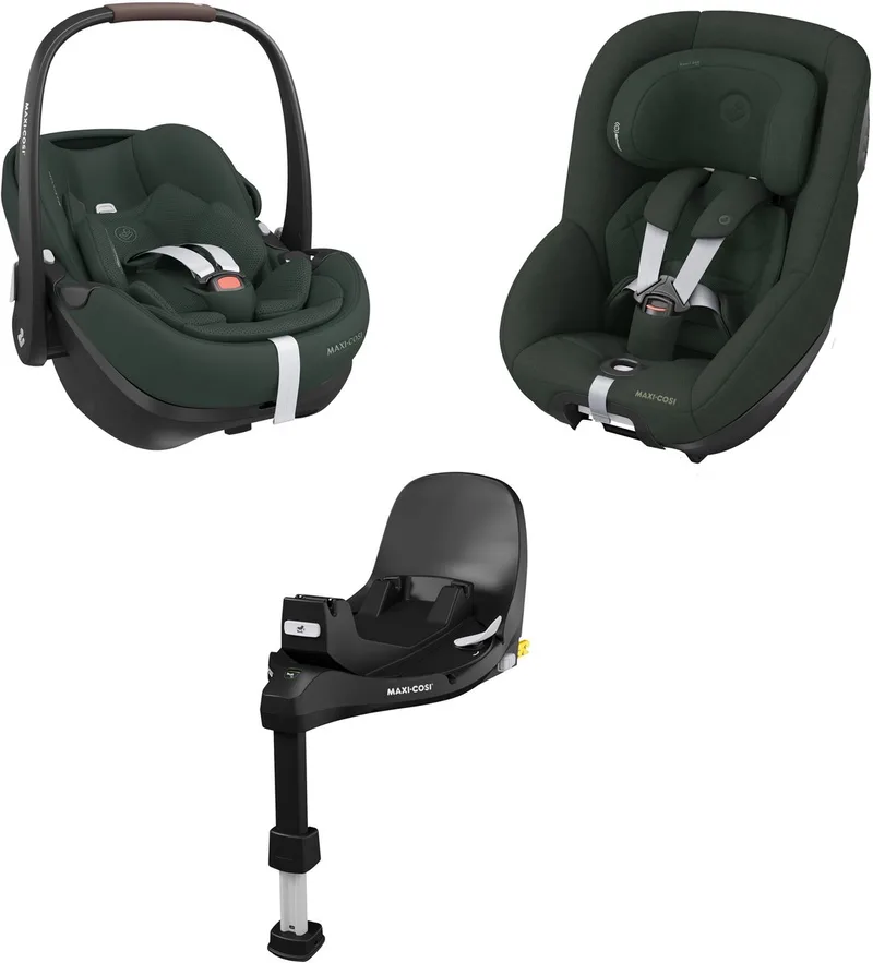 Maxi-Cosi 360 Pro Family bundel - Inclusief Pebble 360 Pro², Pearl 360 Pro-autostoelen met uitschuifbare, draaibare FamilyFix 360 Pro-base - vanaf de geboorte tot 4 jaar van Maxi-Cosi in Green – productfoto