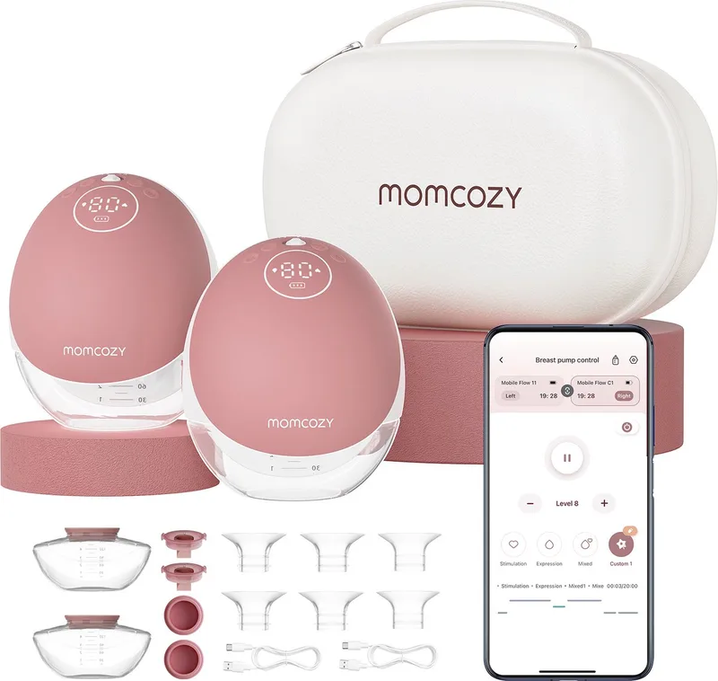 M9 – Handsfree Borstkolf – 2 Stuks – Elektrisch – App Bediening – Stil & Compact by Momcozy in Wit/Rood – product photo