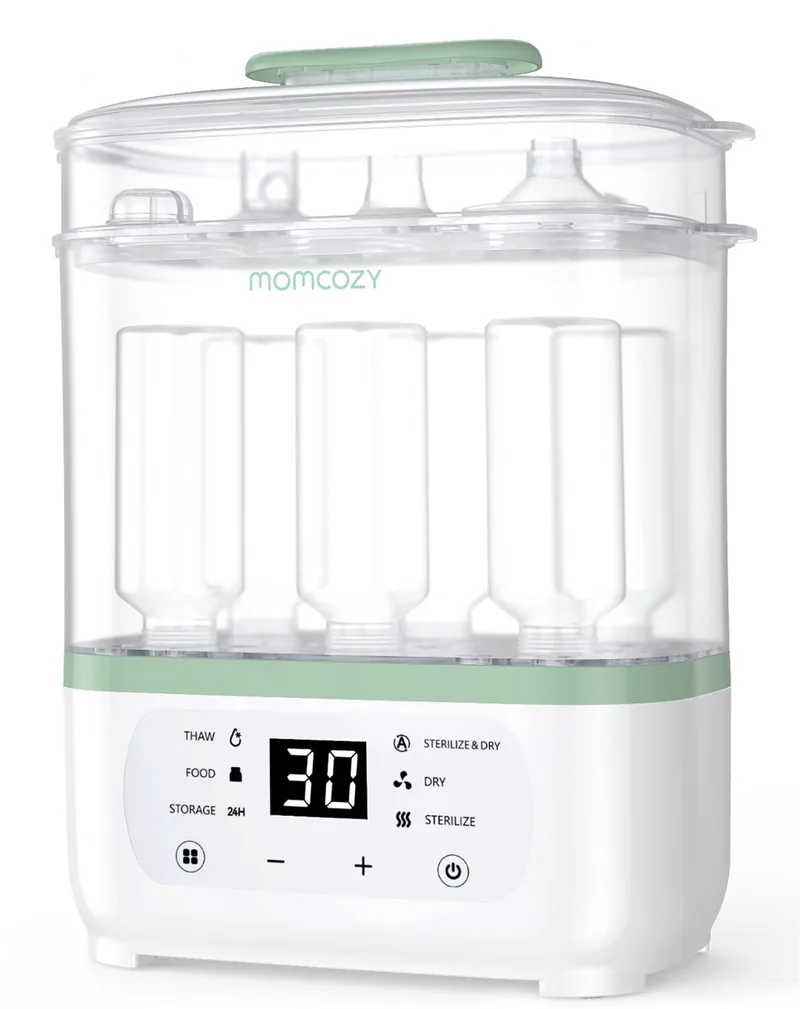 Momcozy 8-in-1 Babyfles Sterilisator & Droger – Elektrische Stoomsterilisator – Geschikt voor 8 Flessen – 24 uur Steriele Bewaring van Momcozy in Wit/Groen – productfoto