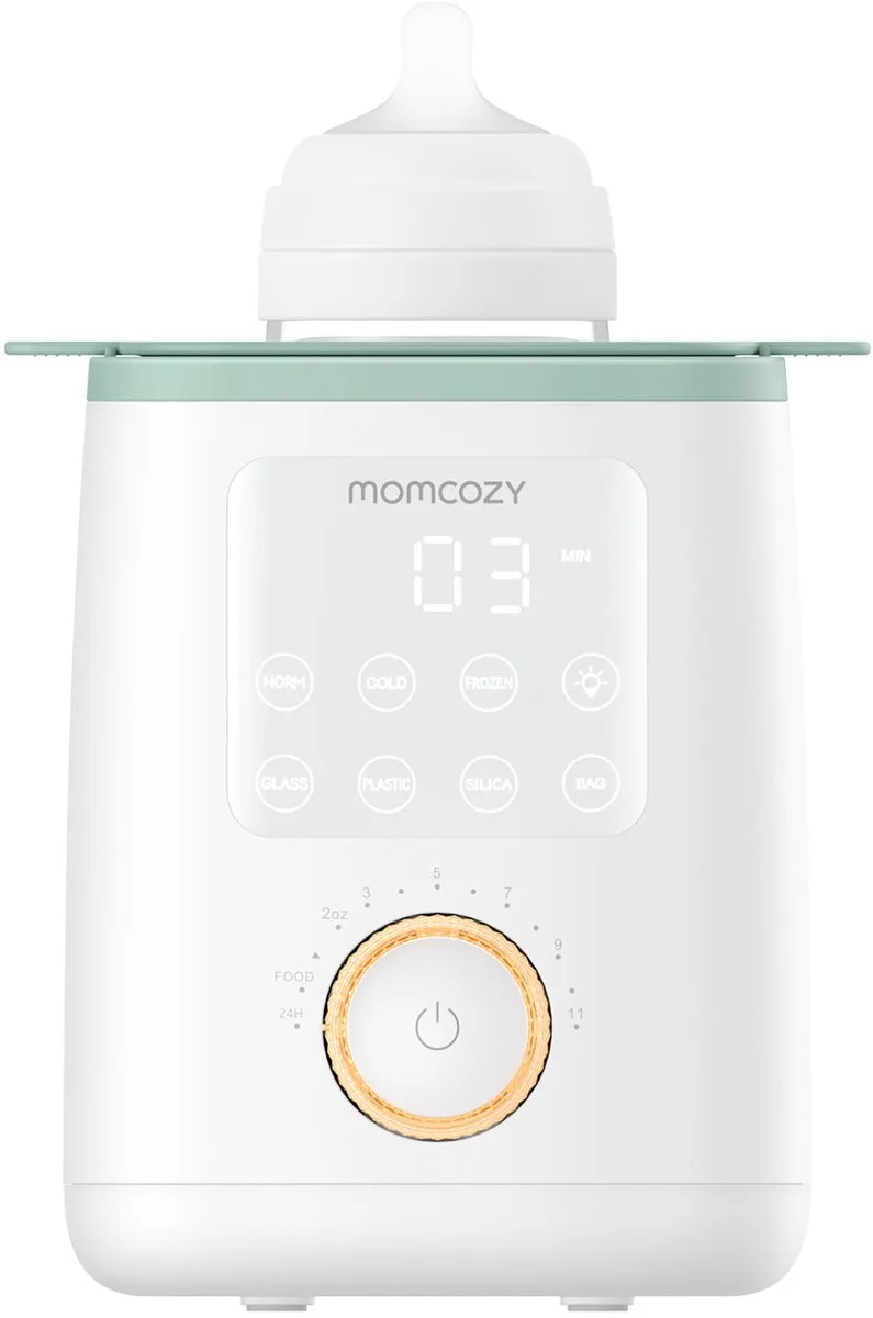 MW02 Analoge Flessenverwarmer – Waterbad Verwarming voor Babyfles en Potjes – Met Verlichting & Warmhoudfunctie van Momcozy in Wit/Groen – productfoto