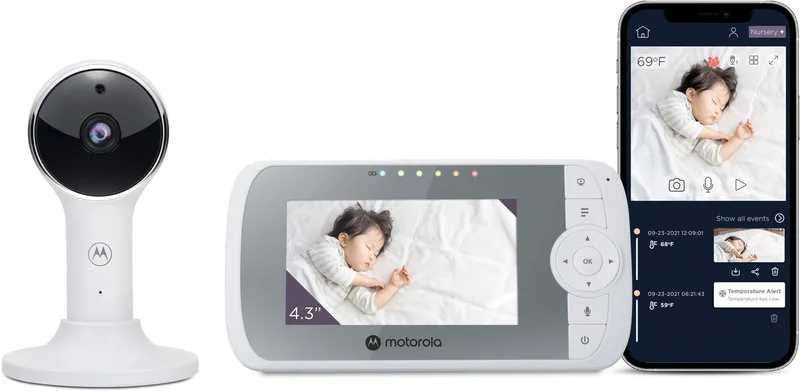 VM64 Babyfoon met Camera en App – 4.3” WiFi Video Baby Monitor met Smartphone App – 2-weg Audio, Nachtzicht, Temperatuur, Slaapliedjes, Digitale zoom van Motorola in Wit – productfoto