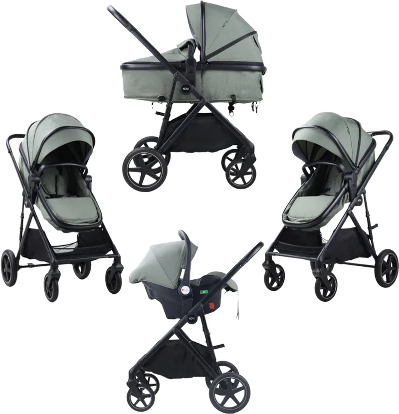 Novi Jaxx V2 3-in-1 Kinderwagen – Met Autostoel Groep 0+ – Reiswieg & Buggy Functie – Compleet Reissysteem van Novi Baby in Green Melange – productfoto