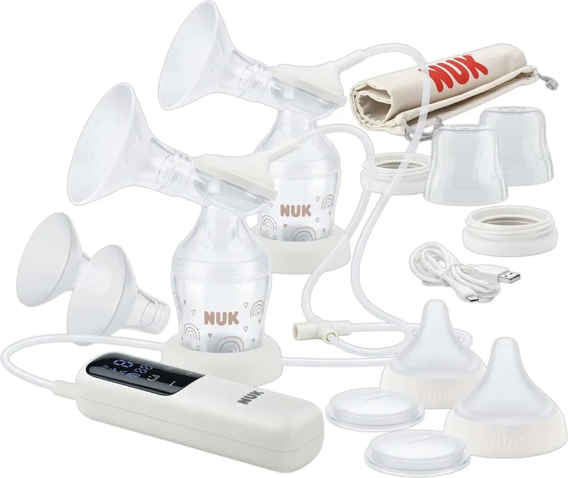 Soft & Easy dubbele elektrische borstkolf set - 100% siliconen zachte cups - Klein, licht en stil - Oplaadbare batterij voor op reis - Cups van 24 en 27 mm - 2 Perfect Match mm-flessen by NUK in Wit – product photo