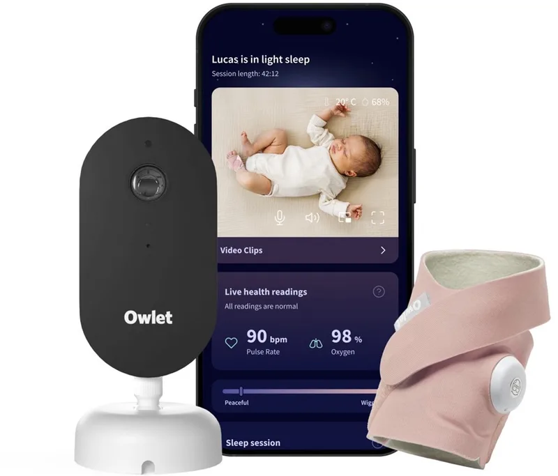 Dream Duo™ – Babyfoon met Camera HD en Baby Monitor met alarm – Meet Hartslag, Zuurstof & Slaapcyclus van 0 tot 18 maand – Medisch gecertificeerde Babyphone van Owlet in Dusty Rose – productfoto