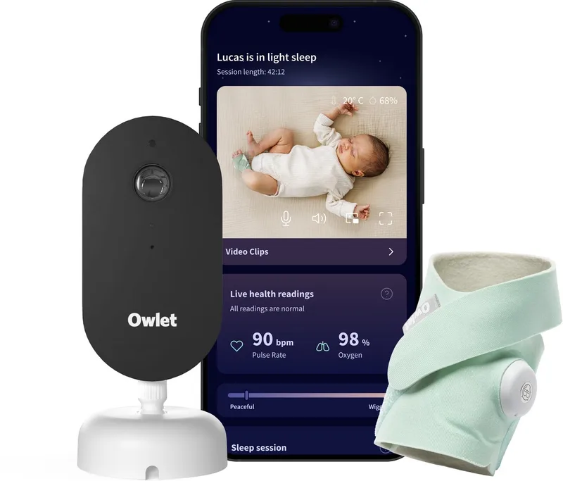 Dream Duo™ – Babyfoon met Camera HD en Baby Monitor met alarm – Meet Hartslag, Zuurstof & Slaapcyclus van 0 tot 18 maand – Medisch gecertificeerde Babyphone van Owlet in Mint – productfoto