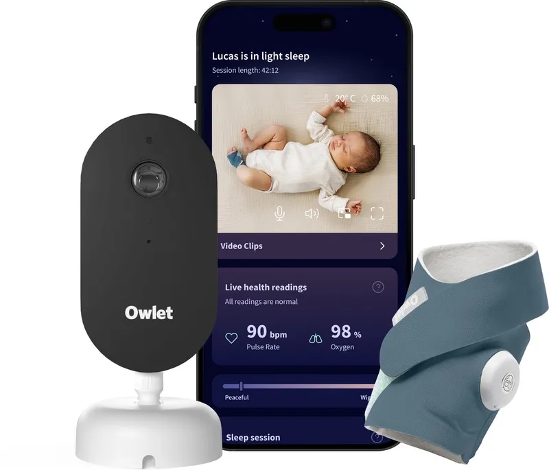 Dream Duo™ – Babyfoon met Camera HD en Baby Monitor met alarm – Meet Hartslag, Zuurstof & Slaapcyclus van 0 tot 18 maand – Medisch gecertificeerde Babyphone - Mint van Owlet in Bedtime Blue – productfoto
