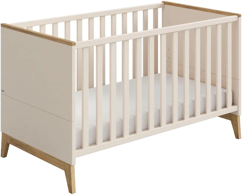 Babybett STIENE 70x140cm in Beige oder Grau, umbaubares Bett mit Massivholz, Gitterbett 4-fach höhenverstellbar, entnehmbare Sprossen, Kinderbett by Paidi in Beige, braun – product photo
