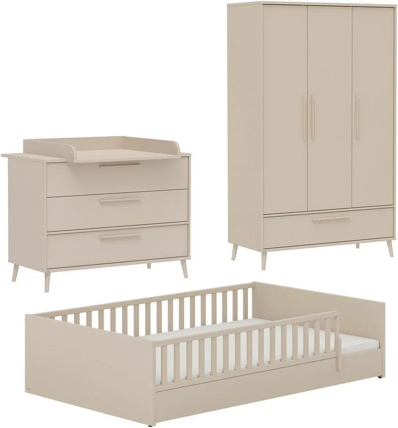 Babymöbel-Set LITTLE FLO, 4-teiliges Kinderzimmer in hochwertiges Komplettset, (Spar-Set, 4-tlg., 120x200cm Bodenbett, Kleiderschrank 3-türig, Wickelkommode & Aufsatz), Jugendzimmer, Soft-Close, mitwachsendes Bett - 3-fach umbaubar van Paidi in Beige – productfoto