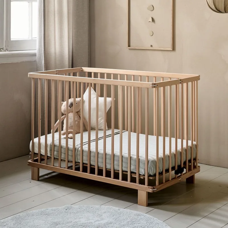 Ledikant hout 60x120 cm - Inklapbaar baby bed perfect voor beperkte ruimtes - 3 Hoogte instellingen van Lattenbodem - Stevig Massief Houten Bed - Naturel - Origami Collectie van Petite Amélie in Naturel – Origami – productfoto