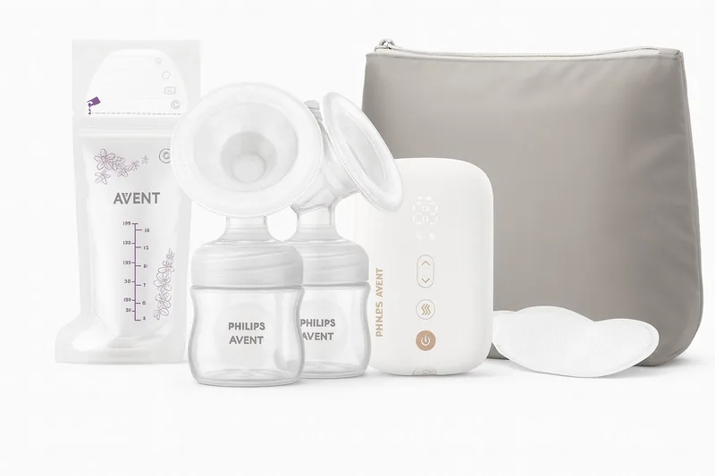 dubbele elektrische borstkolf, ziekenhuissterkte en oplaadbare motor, geïnspireerd op de natuurlijke zuigreflex van baby's, reistasje, model SCF398/31 van Philips Avent in Wit – productfoto