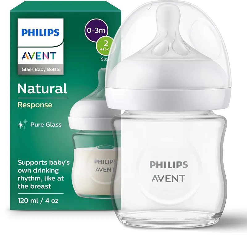 Natural Response Fles Glas - 120ml – Flow 2 – BPS vrij- 1 fles - Newborn - SCY930/01 van Philips Avent in Transparant – productfoto