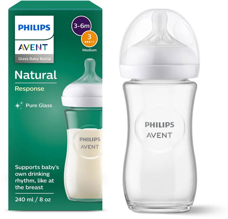 Natural Response Glazen Babyfles – 240ml – Flow 3 – BPS vrij- 1 fles - SCY933/01 by Philips Avent in Transparant – product photo