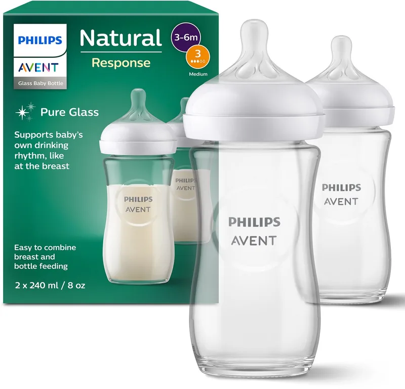 Natural Response Glazen Babyflessen 240 ml – Flow 3- 2 flessen - SCY933/02 van Philips Avent in Transparant – productfoto