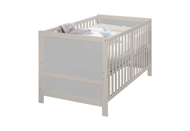 Babybett EASY SLEEP 70 x 140 cm - umbaubar zum Juniorbett - Gitterbett Baby, 3 Schlupfsprossen, 3-fach höhenverstellbar - aus Holz - Natur van roba in Grau – productfoto