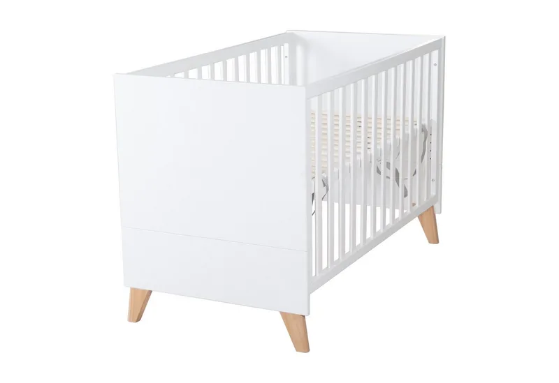 Babybett Leon 60 x 120 cm aus stabilem Holz - Othello Eiche - Gitterbett, Beistellbett - 6-fach höhenverstellbar, Schlupfsprossen - Baby Bett by roba in Weiß – product photo