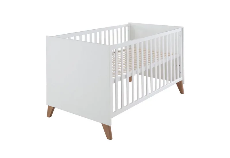 Babybett Ole 70 x 140 cm aus Holz - Weiß lackiert - Füße aus Massivholz, 3-fach Höhenverstellbar, 3 Schlupfsprossen, umbaubares Gitterbett van roba – productfoto
