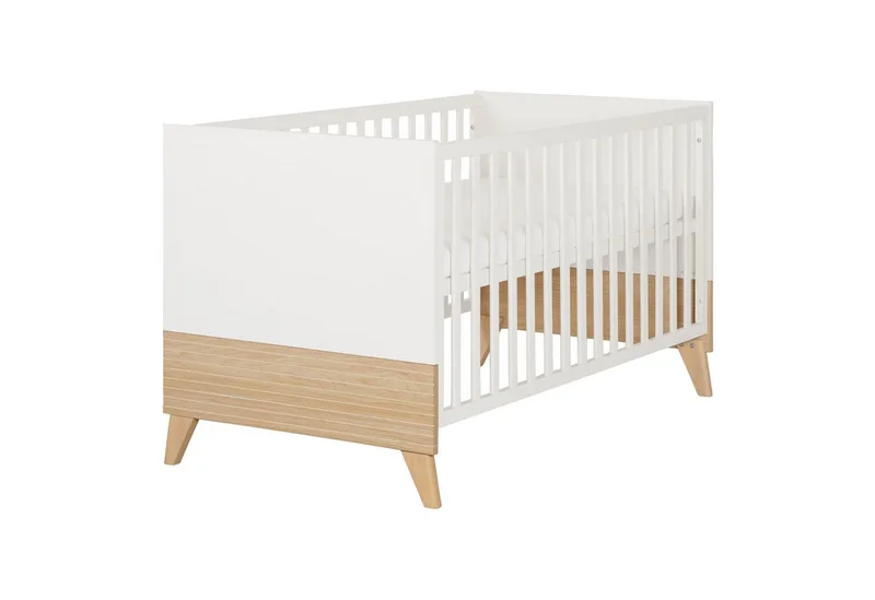 Babybett Theo 70 x 140 cm - modernes Gitterbett - Fräsungen - Holz, umbaubar, 3 Schlupfsprossen, 3-fach höhenverstellbar - Ulme de roba en Weiß – photo produit