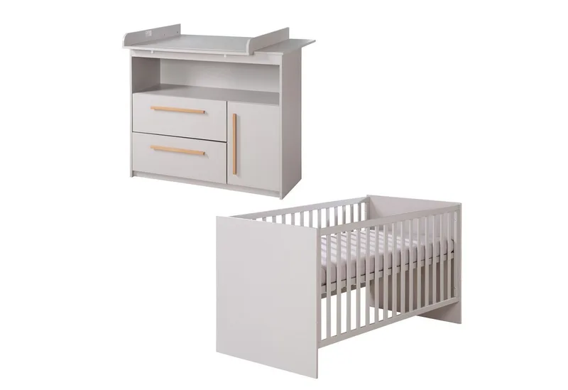 Babymöbel-Set Lea - modernes schlichtes Babyzimmer Set aus Holz, (2-teiliges Set, Wickelkommode & Babybett 70 x 140 cm höhenverstellbar, Schlupfsprossen), Modernes Kinderzimmer mit Griffen aus Massivholz- Beige by roba in Grau – product photo