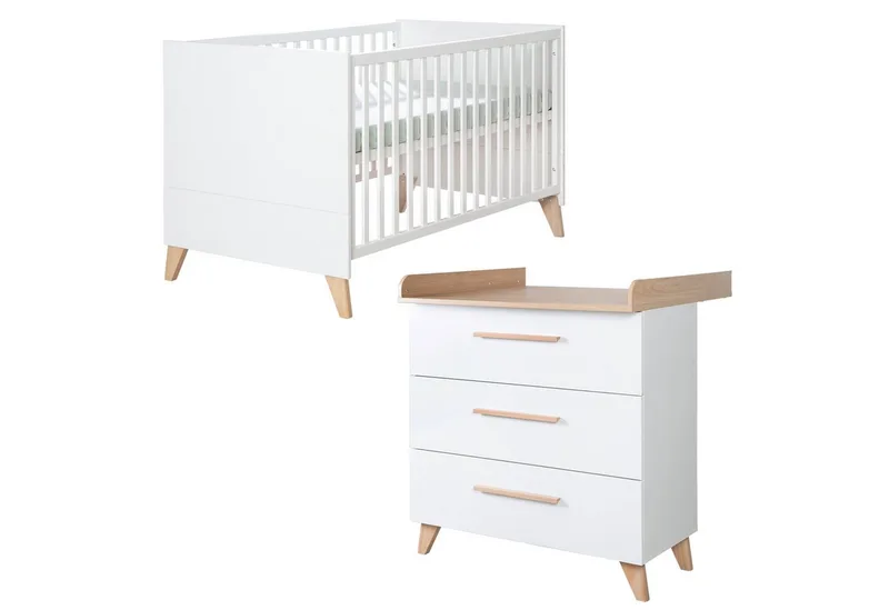 Babymöbel-Set Leon - aus Holz - in mit Dekor Othello Eiche, (2-teiliges Set, 2-tlg., Kinder- & Beistellbett 60 x 120 cm & Wickelkommode), Babybett als Beistellbett verwendbar - 6-fach höhenverstellbar de roba en Weiß – photo produit
