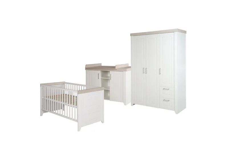 Babyzimmer-Komplettset Felicia, Gitterbett, Wickelkommode & 3-türiger Drehtürenschrank, umbaubar by roba in Weiß – product photo