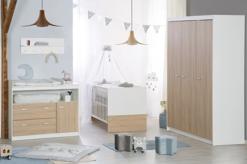 Babyzimmer-Komplettset Gabriella 3-teilig - Aus Holz - Bicolor - Weiß & Sonoma Eiche, (Set 3-teilig, mit breiter oder schmaler Wickelkommode), Gitterbett, Wickelkommode & Kleiderschrank 3-türig de roba – photo produit