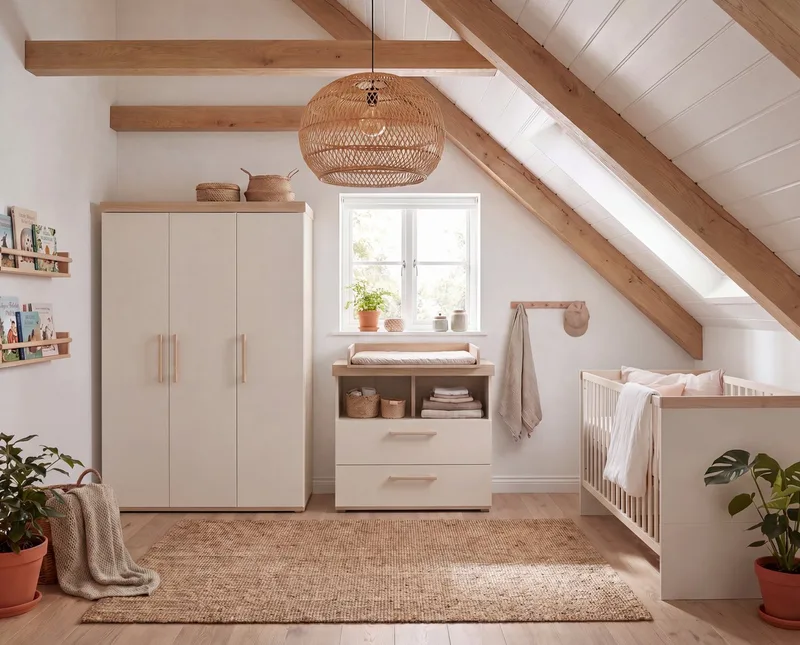 Babyzimmer-Komplettset Jimmy - 3-teiliges Komplettzimmer - MADE IN EUROPE, (Set, Babybett 70 x 140 cm, Wickelkommode Schublade & Fach, Kleiderschrank), aus Holz - Klassisches Design - moderne Farben - Kinderzimmer Set van roba in Beige – productfoto