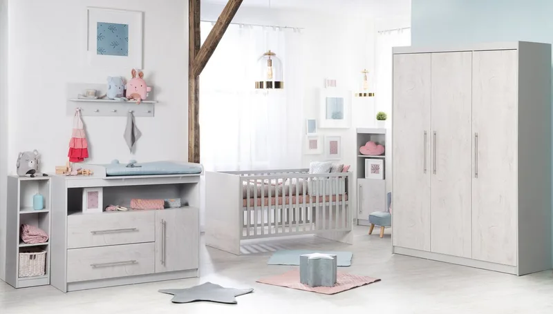 Babyzimmer-Komplettset Maren 2, Gitterbett, Wickelkommode, 3-türiger Drehtürenschrank, umbaubar by roba in Grau – product photo