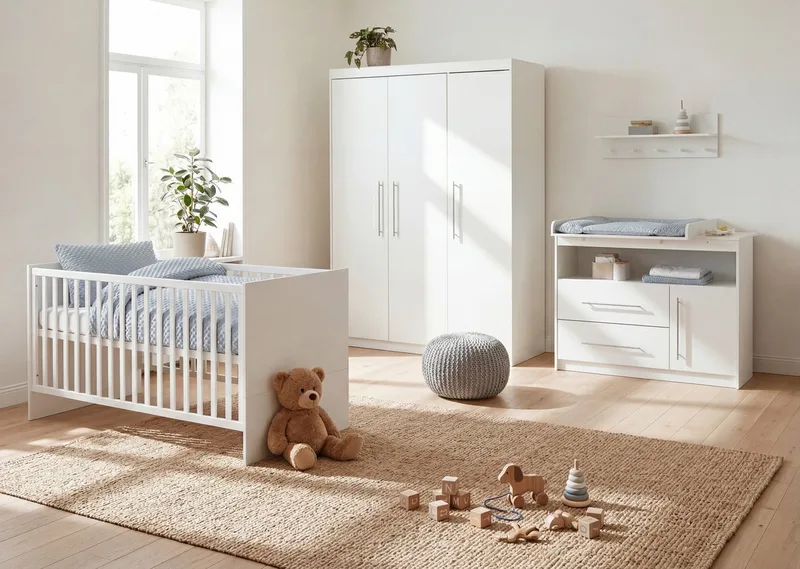 Babyzimmer-Komplettset Maren, Gitterbett, Wickelkommode & 3-türiger Schrank, umbaubar de roba en Weiß – photo produit
